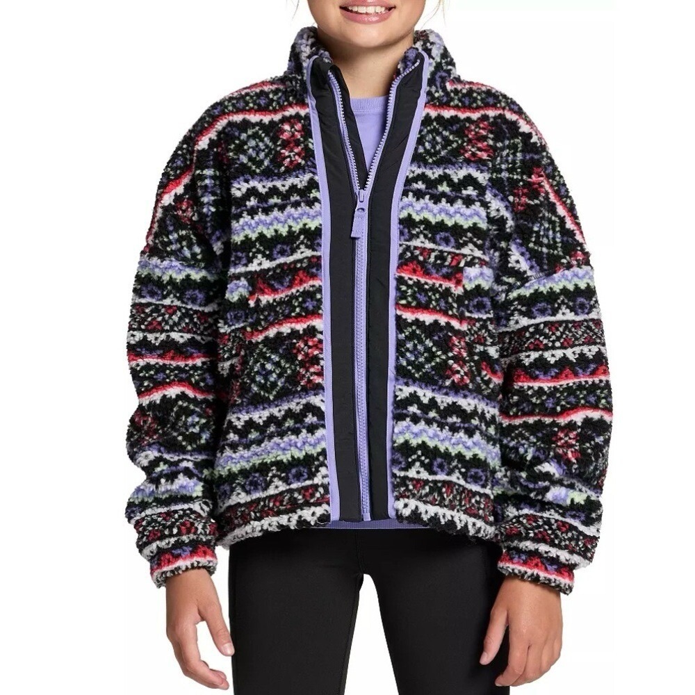 NWT DSG Cozy Fleece Full Zip Jacket Funky Fair Isle Pattern Girls Size med 10 12